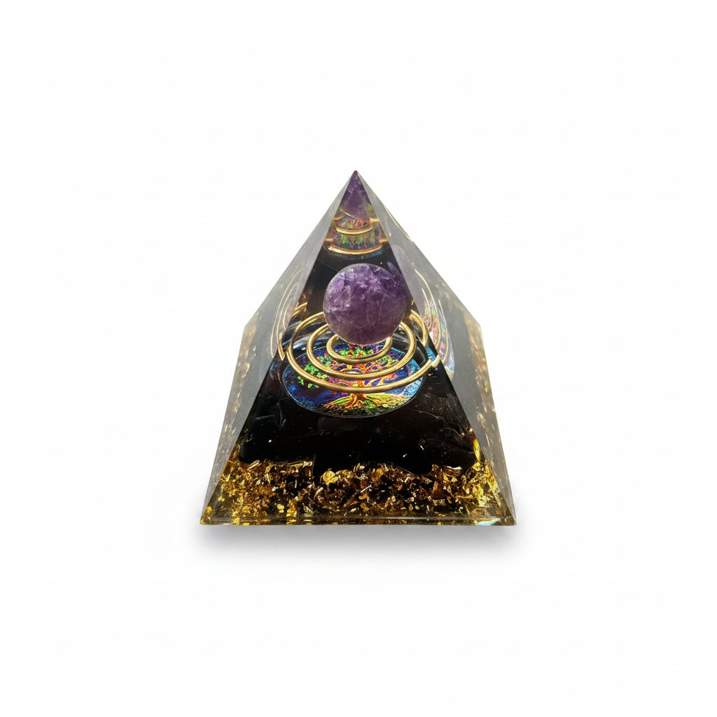50mm Black Obsidian Chips with Amethyst Sphere Resin Pyramid