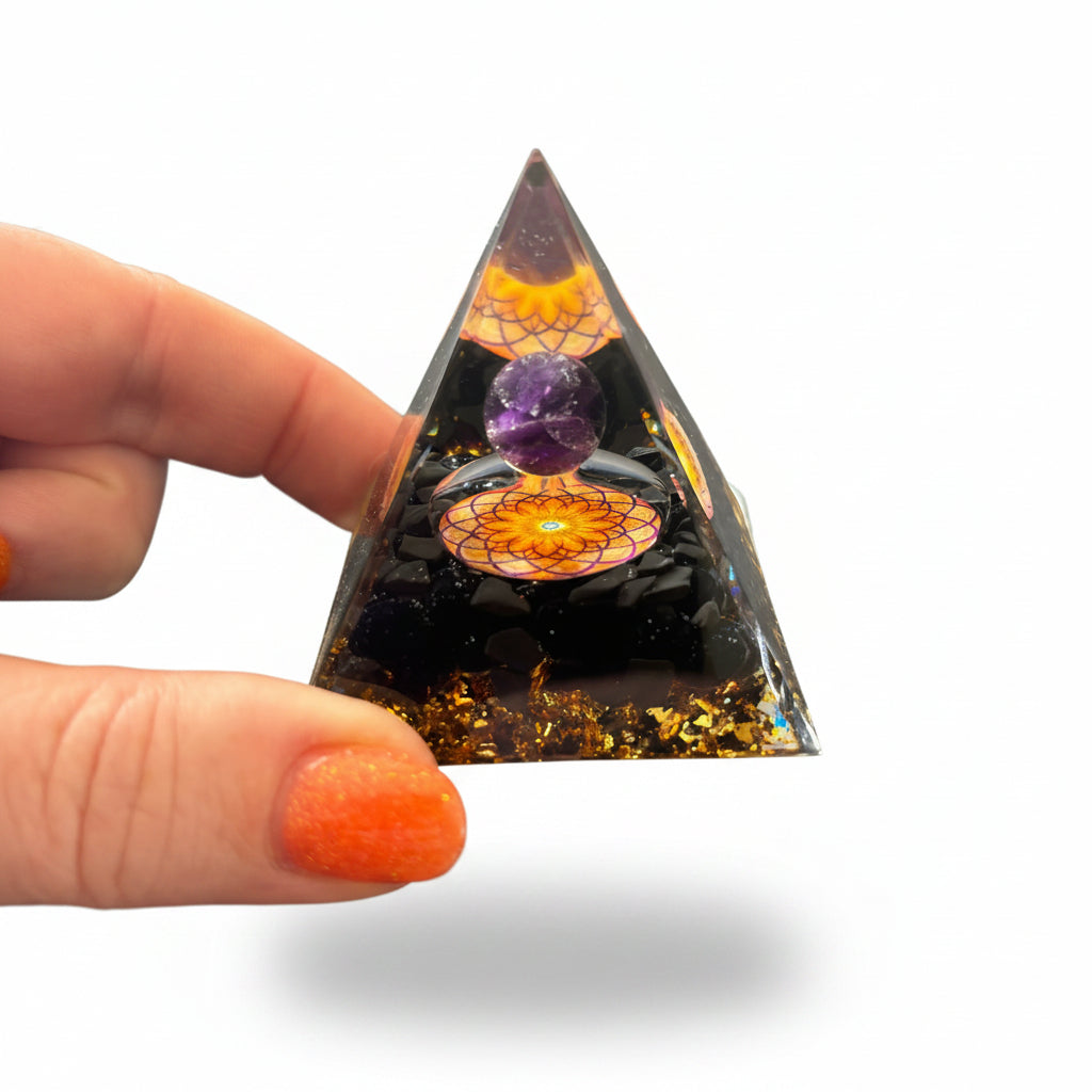 50mm Black Obsidian Chip with Amethyst Sphere Resin Pyramid