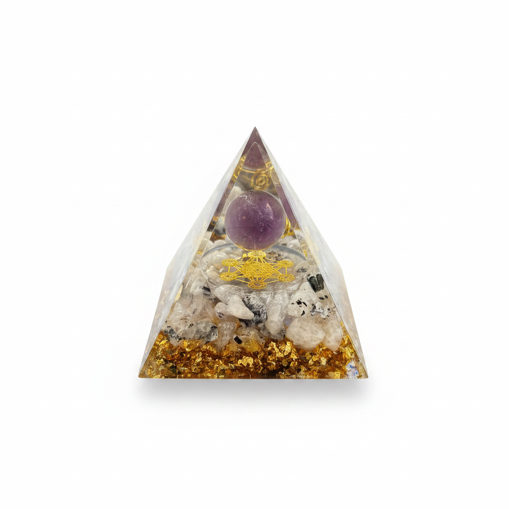 50mm Rainbow Moonstone chip/Amethyst Sphere Resin Pyramid
