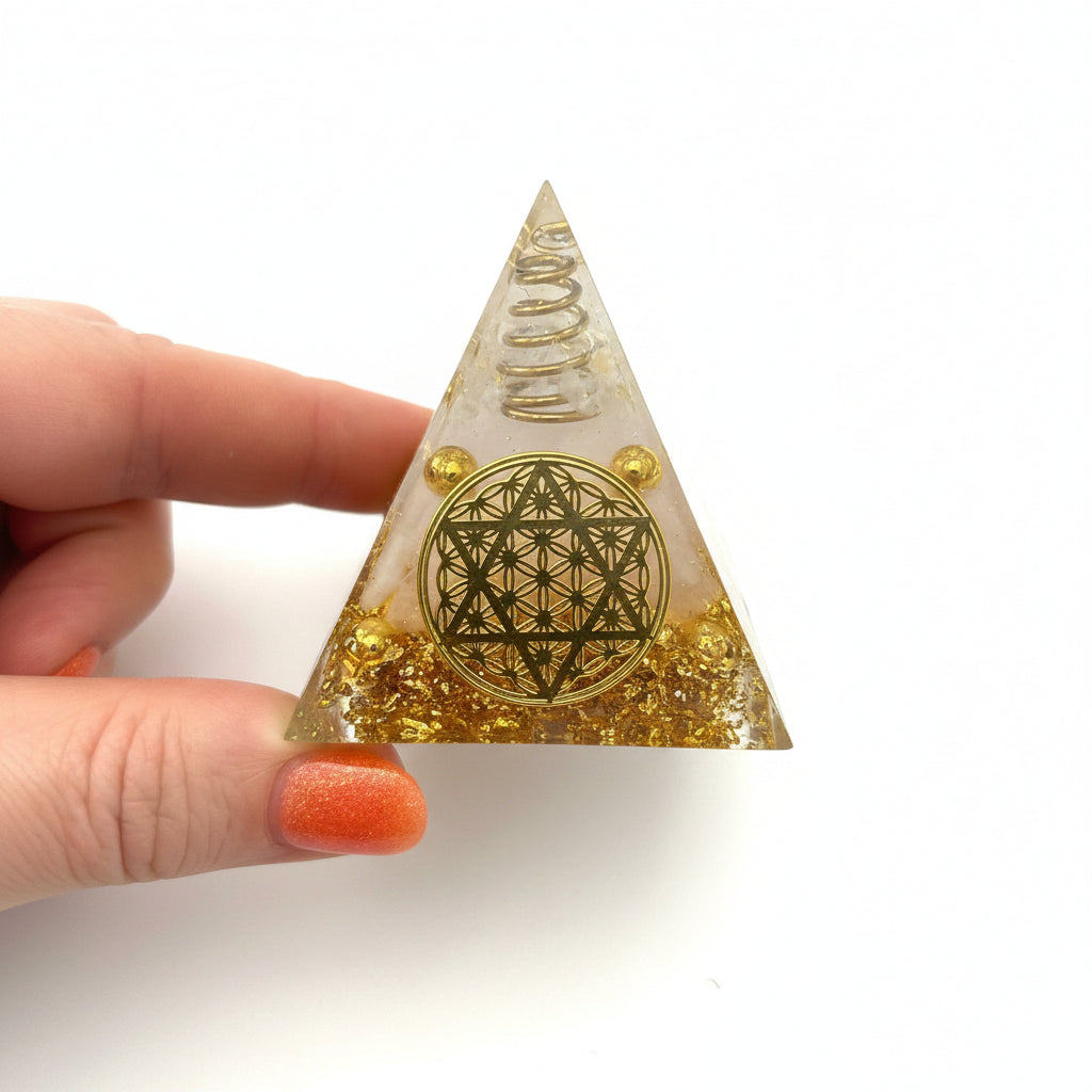 50mm Rose Quartz Chips with Gold Coil & Balls Resin Pyramid