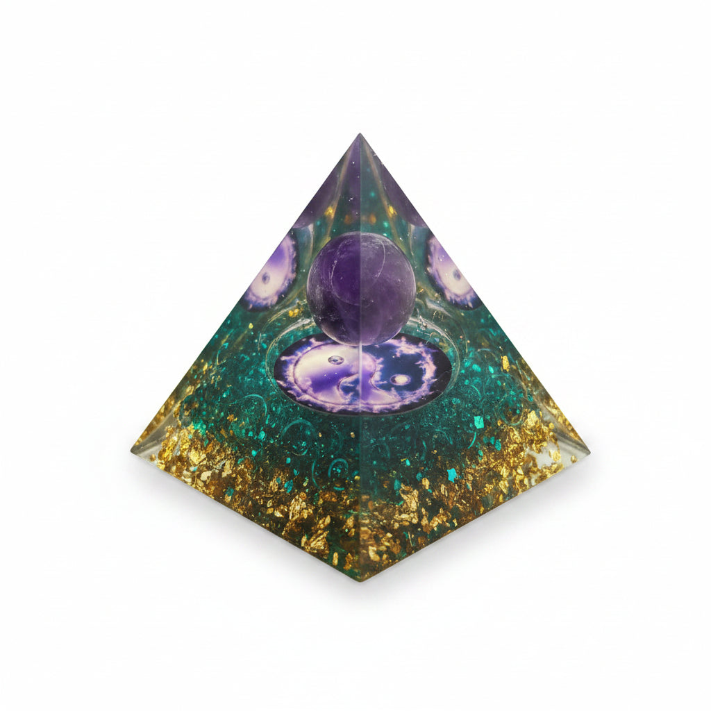 50mm Blue Smelting Chips with Amethyst Sphere Resin Pyramid