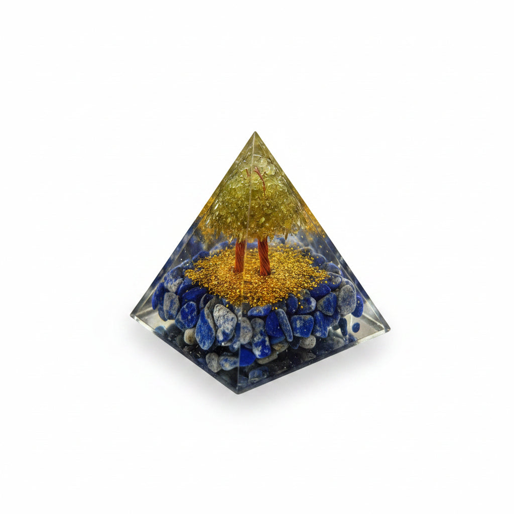 50mm Lapis Lazuli Chips with Peridot Tree Resin Pyramid