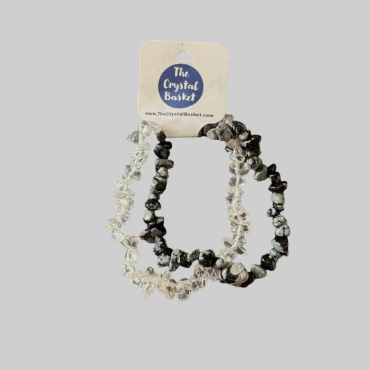 Snowflake Obsidian & Clear Quartz Chip Bracelet 2 pack