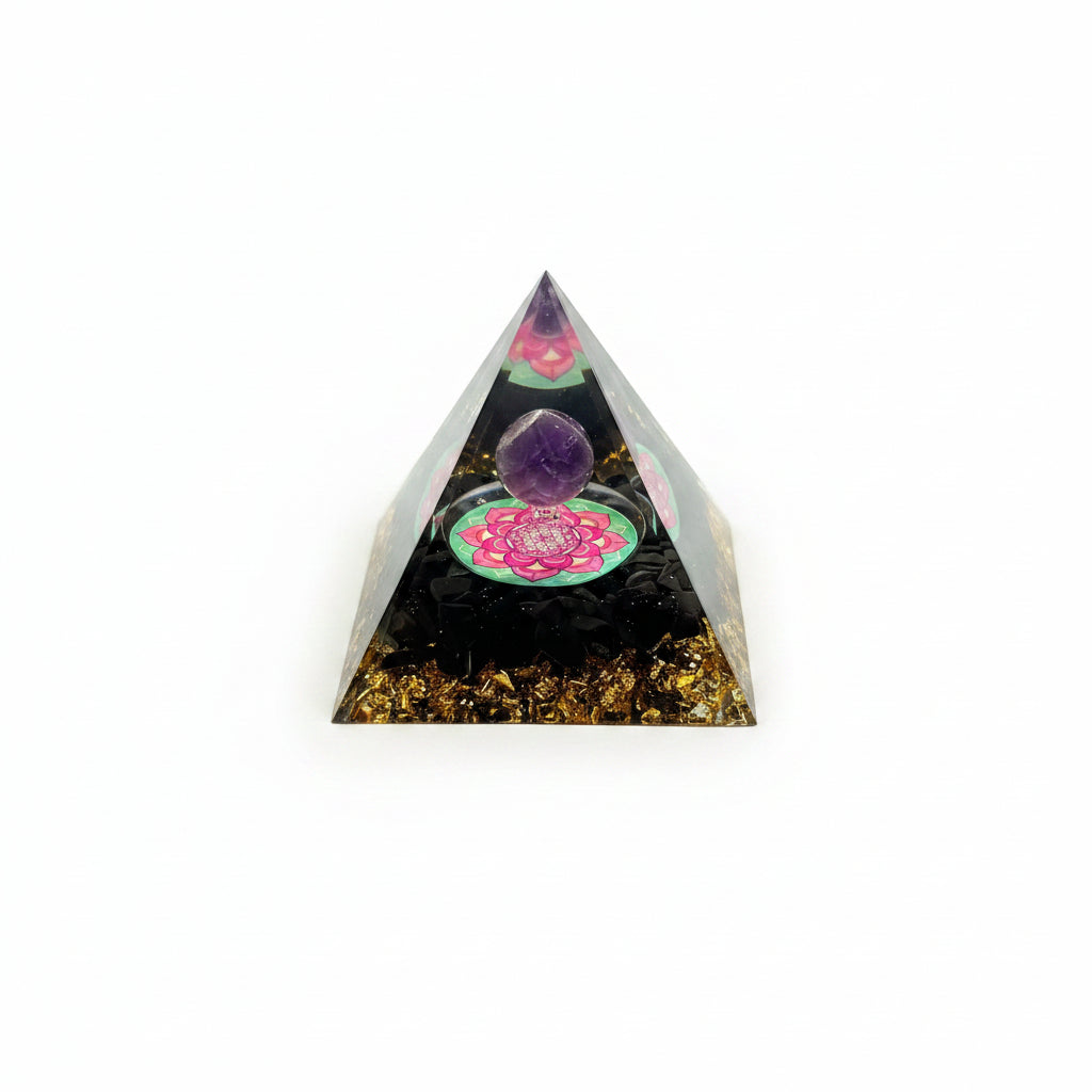 50mm Black Obsidian Chip with Amethyst Sphere Resin Pyramid