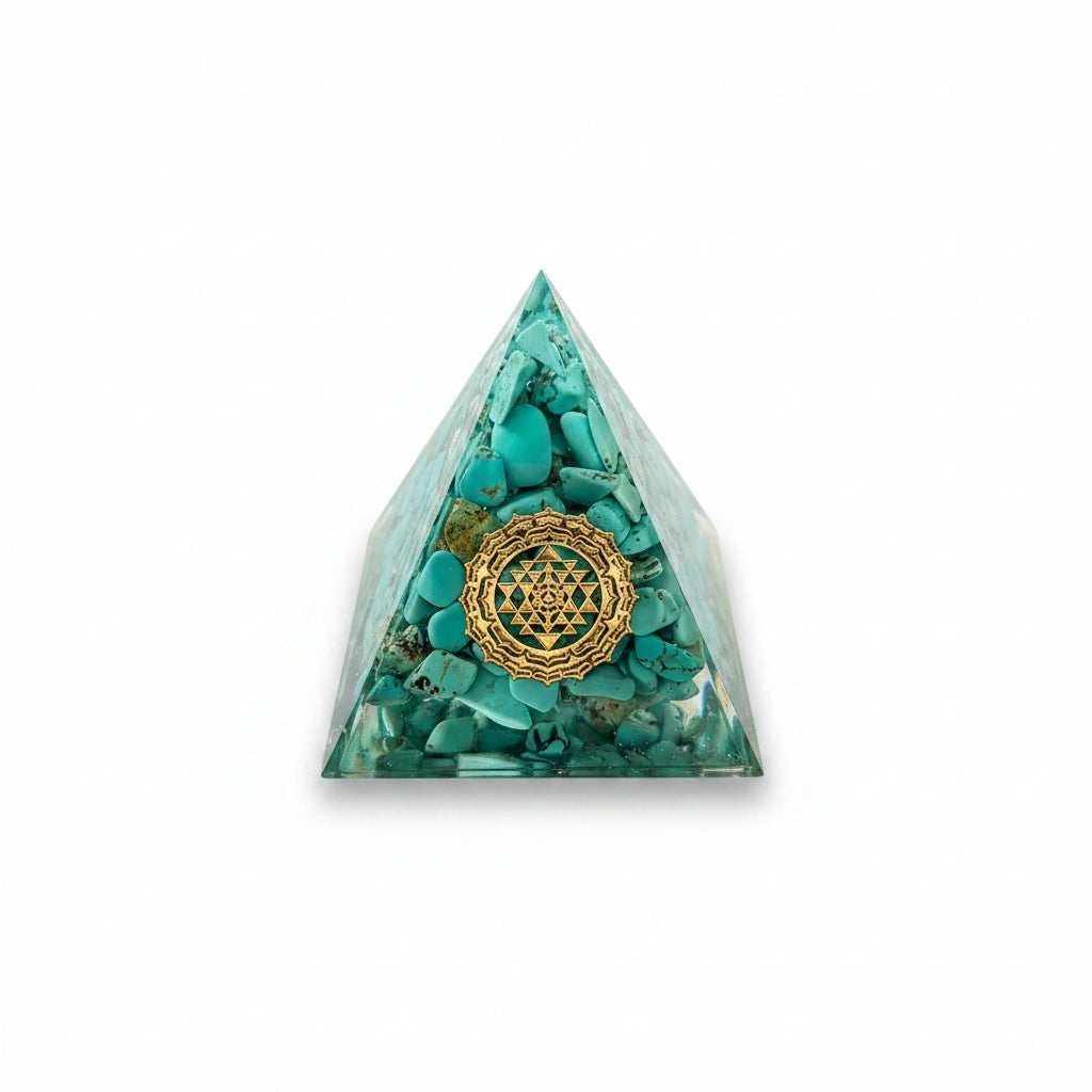 50mm Turquoise Chips with Gold Heart Chakra Resin Pyramid