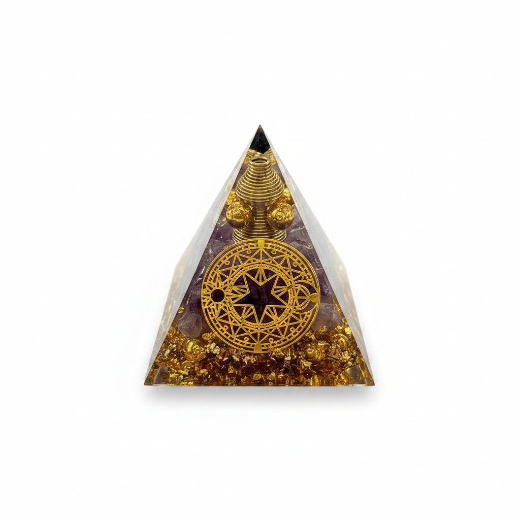 50mm Amethyst Chip With Gold Foil & Balls Resin Pyramid