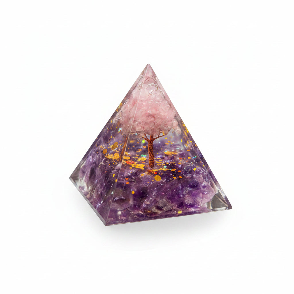50mm Amethyst Chip with Rose Quartz Tree Resin Pyramid