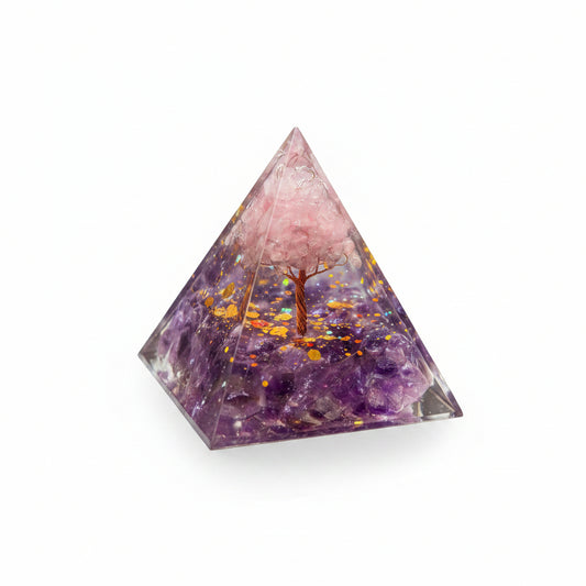 50mm Amethyst Chip with Rose Quartz Tree Resin Pyramid