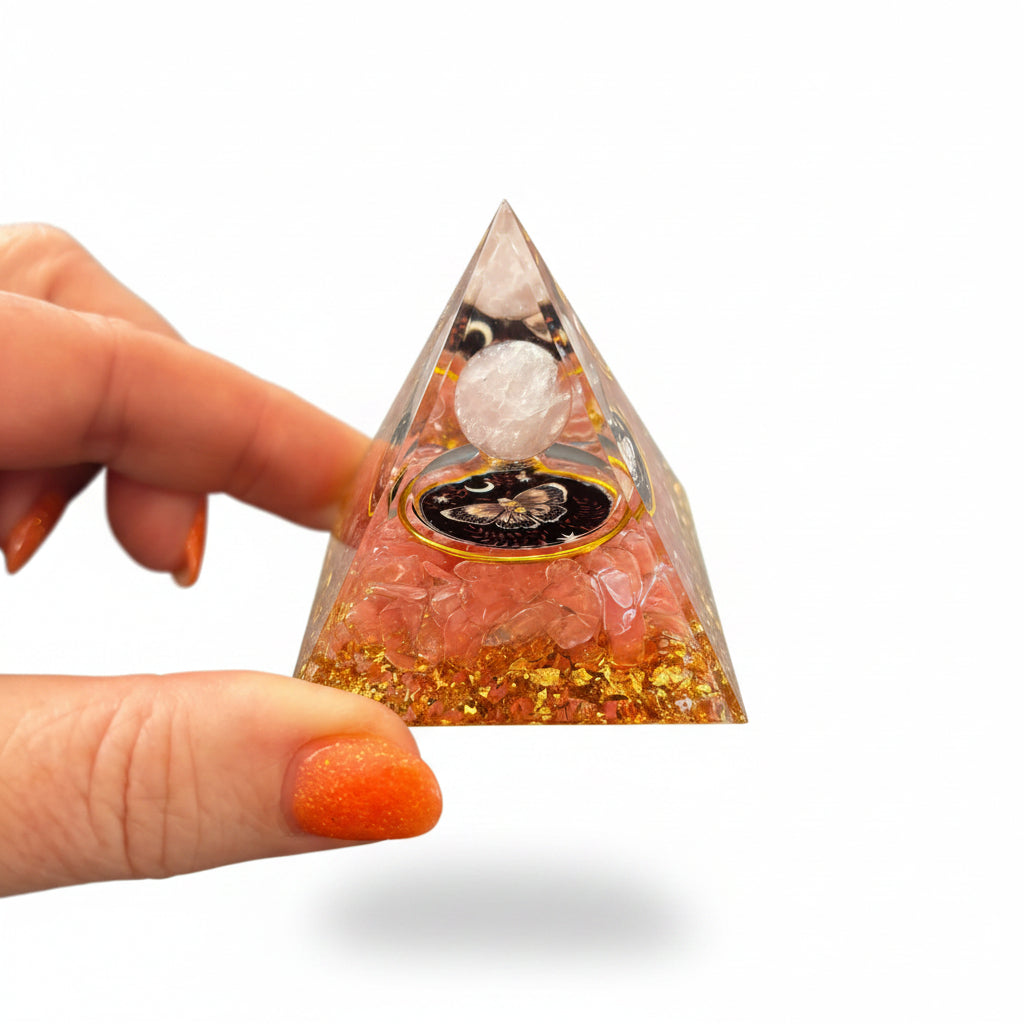 50mm Red Smelting Quartz with Rose Quartz Sphere Resin Pyramid