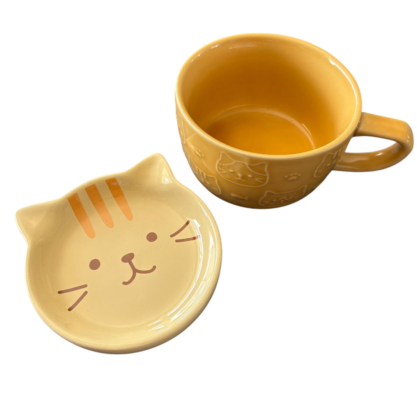 Mustard/beige Cat Mug and Saucer