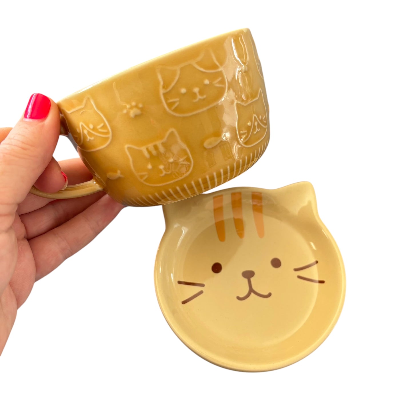 Mustard/beige Cat Mug and Saucer