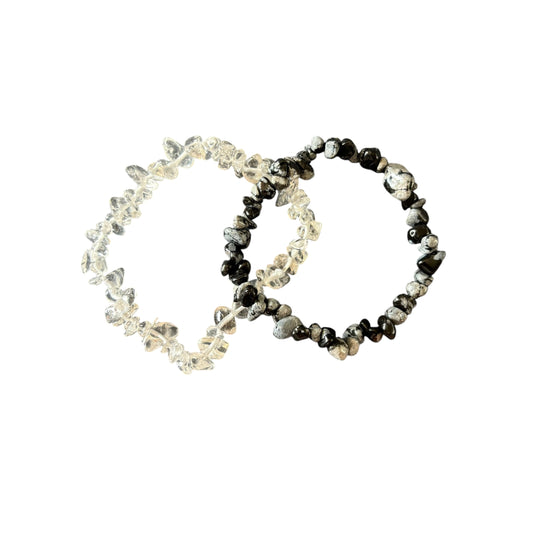 Snowflake Obsidian & Clear Quartz Bracelet Set