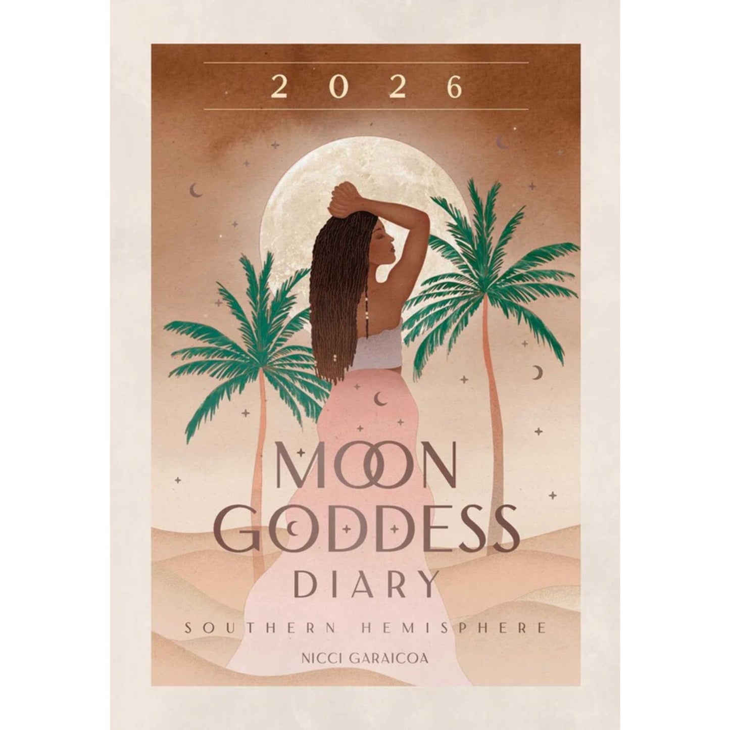 Book cover of '2026 Moon Goddess Diary' with a woman, palm trees, and moon design.