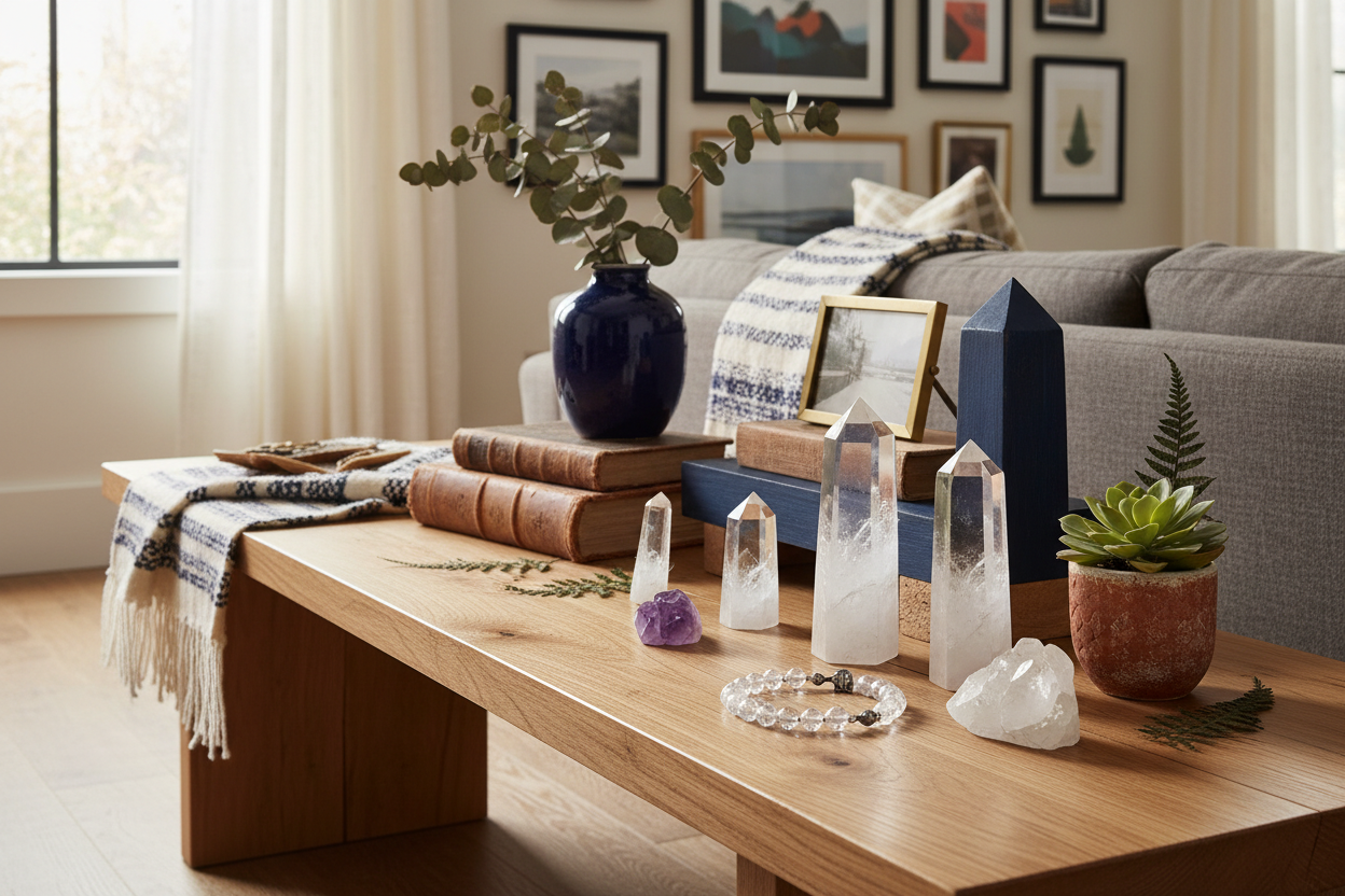 a bench top in a modern rustic house with eclectic things around, focusing on some crystals on the bench, crystal points with also a crystal bead bracelet on the bench too. utilise our brand colours if you can access #28528f
