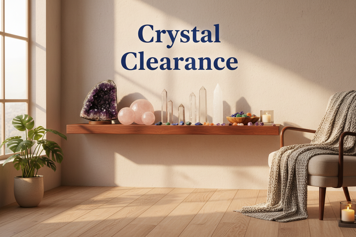 crystal clearance collection, text to say "Crystal Clearance" and images on a shelf of crystals in a warm home environment. Show several differnt crystal shapes and types with the focus on the text. use our brand colours of #2f528f