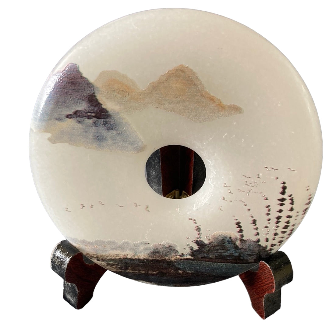White Jade Painted Donut Village & Cloud with stand