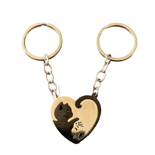 Heart Black and Silver cats Keychain