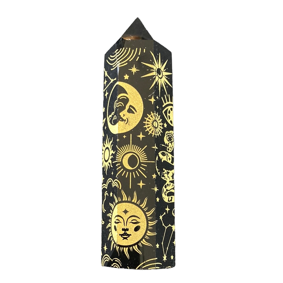 100mm Black Obsidian Gold engraved Point