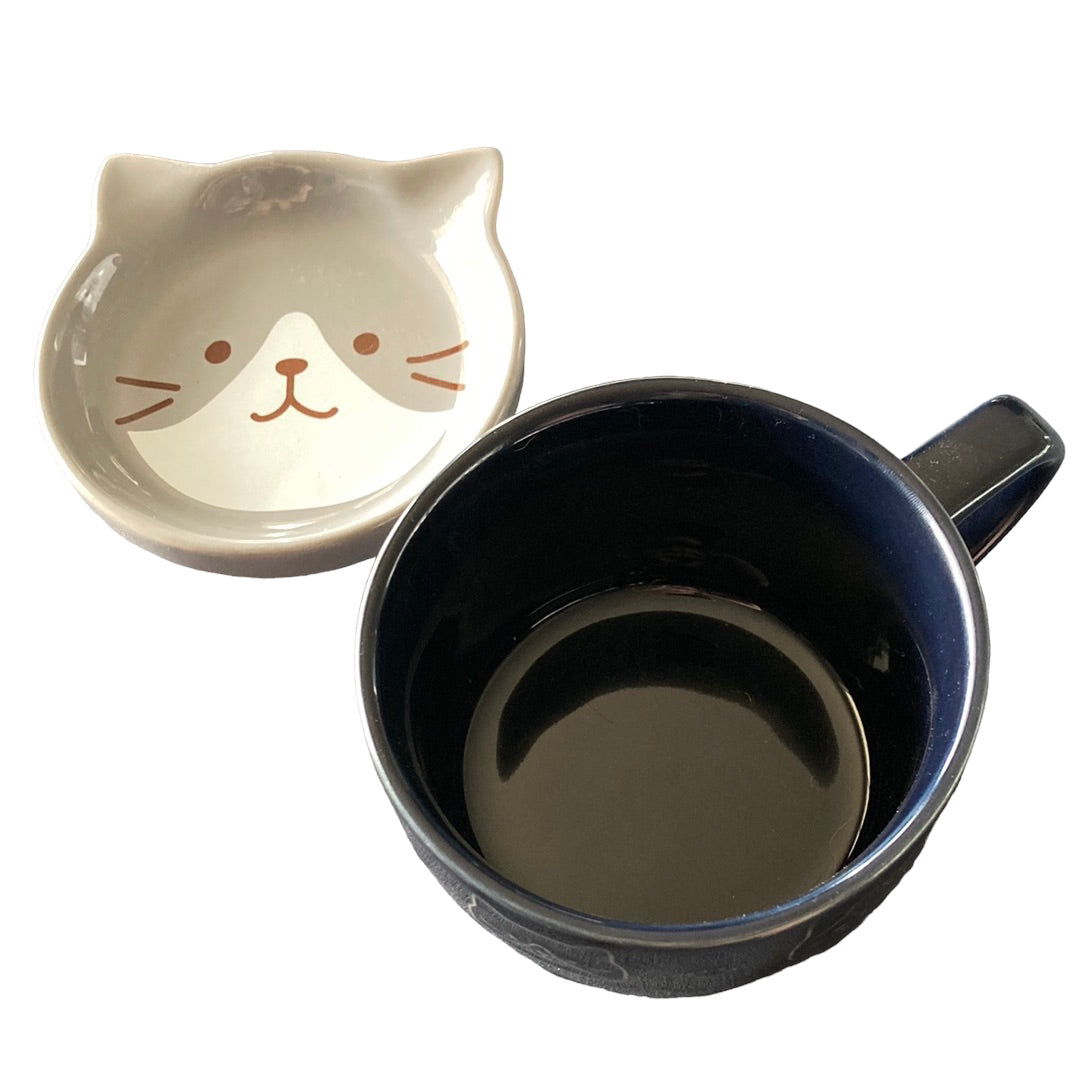 Navy/Grey Cat Mug and Saucer